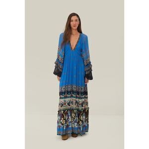 FARM RIO Blue Black Bell Sleeve Ainika Tiles Flowy V-Neck Maxi Gown Size XS